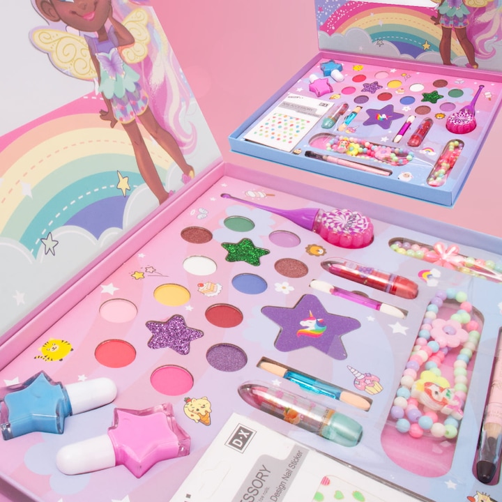 Set De Machiaj Cu Bijuterii, Sun Baby, Paleta De Umbre, Ruj, Stickere Pentru Unghii, Calitate Ridicata A Constructiei, Durata Lunga De Viata, Oglinda, Pentru Copii, 3 Ani+, Multicolor