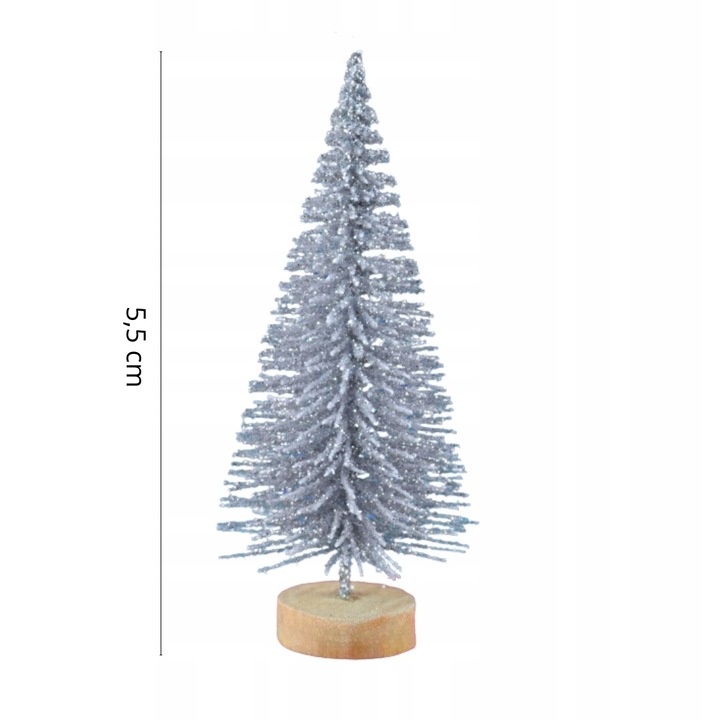 Brad De Craciun, Korbi, Stralucire Eleganta Cu Sclipici, Baza Naturala Din Lemn, Dimensiune Compacta, Inaltime 5.5 cm, Latime 2.5 cm, Argintiu, Cu Sclipici
