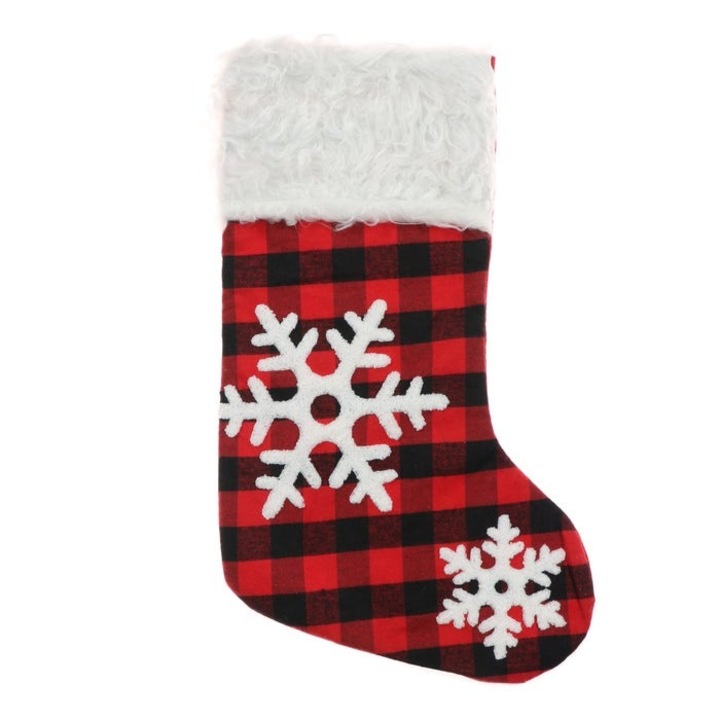 Cizmulita decorativa Craciun Antbro® in carouri cu fulgi albi, 52 x 29 cm