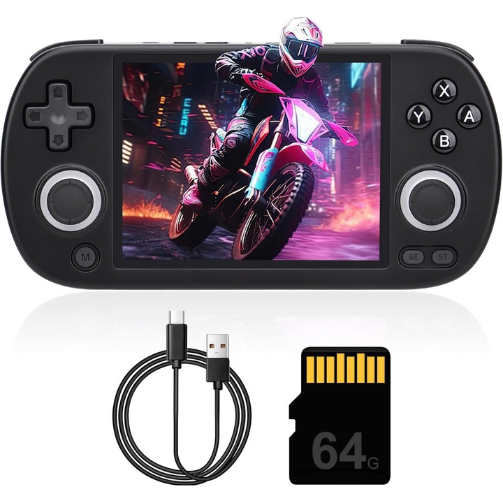 Consola retro LUKETO® ANBERNIC RG40XX H 64GB cu jocuri, Linux, Quad core 1.5GHz, 1GB LPDDR4, Ecran IPS LCD 4" 640x480, 3200 mAh, Conectivitate 5G pentru Gaming Online, Bluetooth 4.2, Suport Retro si Emulatoare Multiple, Portabila, Negru