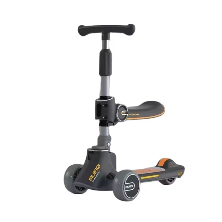 Trotineta 2 in 1 cu 3 roti, DABISY, pentru copii, pliabila dintr-un buton, 5 trepte inaltime ajustabila, lumini si muzica, structura stabila, scaun ergonomic, ghidon reglabil, franare progresiva roata spate, pana la 90 kg, negru portocaliu