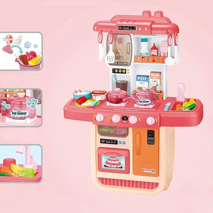 Set Bucatarie Copii cu Lumini si Sunete Realiste, Simulare de Pulverizare, Chiuveta, Aragaz, Ustensile si Produse