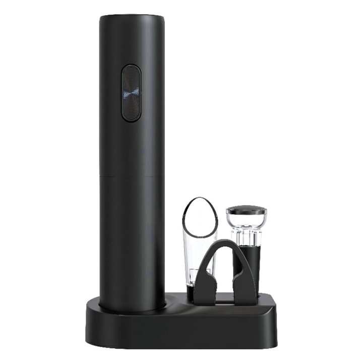 Комплект електрически тирбушон за вино от 5 части, OPTIM SOLUTION, система за безопасност, електрическа отварачка, стомана, мултифункционален, нож за фолио, изливащо устройство с аератор, вакуумна запушалка, USB зареждане, 23 x 14 см, черен