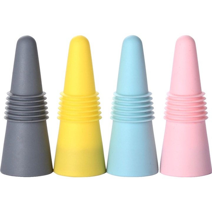 Set 4 dopuri reutilizabile din silicon, pentru sticle de vin, bautura, multicolor
