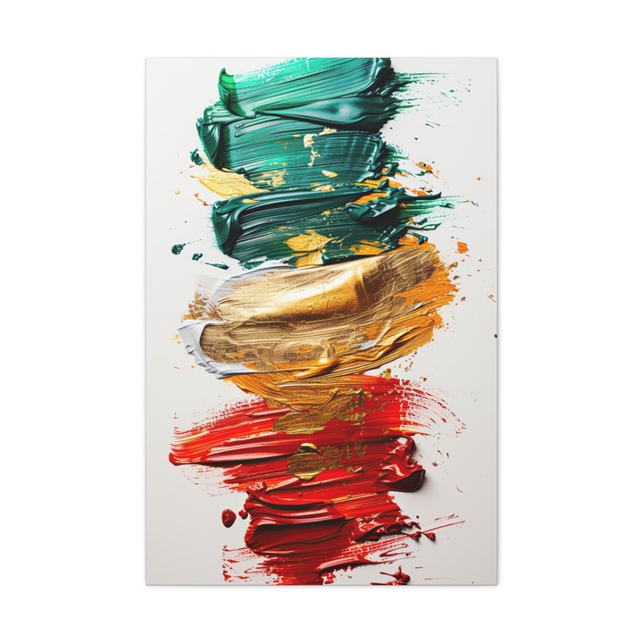 Tablou Canvas Premium, Rapsodie în Verde, Roșu și Aur, Panza Bumbac 100% - 280g/m2, Sasiu Lemn Natural, Arta Contemporana, Modern, Abstract, Culori Vibrante, Decor Living, Camera de Zi, Sufragerie, Dormitor, Hol, Birou, 70 x 100 CM