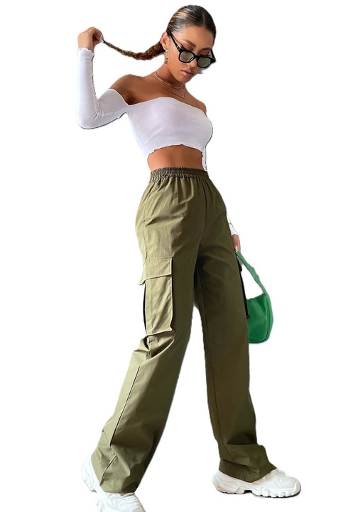 Pantaloni Dama, Cu Talie Inalta Si Buzunare Tip Cargo Cu Clapeta, Culoare Solida, Kaki inchis