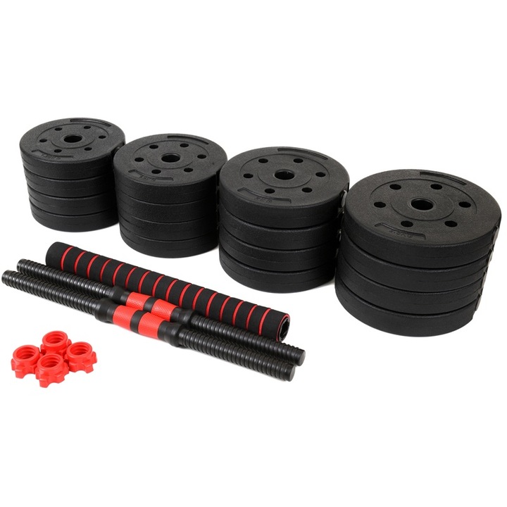 Set haltere si gantere, PROCART, sarcina 2x10 kg, bara conectare, 12 discuri de diferite greutati, negru/rosu