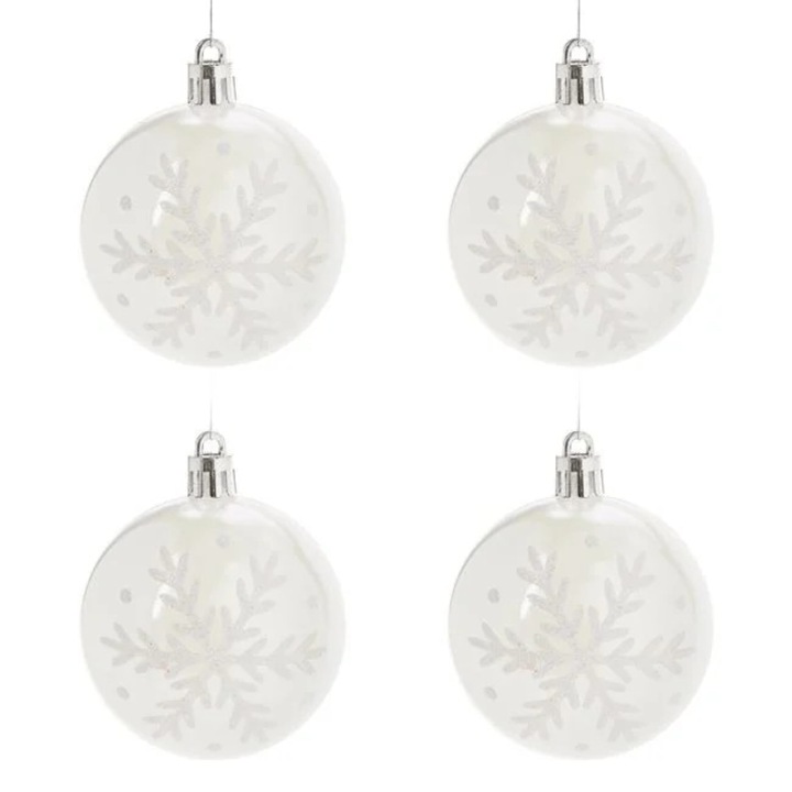 Set 4 globuri brad Craciun Antbro® albe holografice cu model fulg cu glitter alb, 8cm