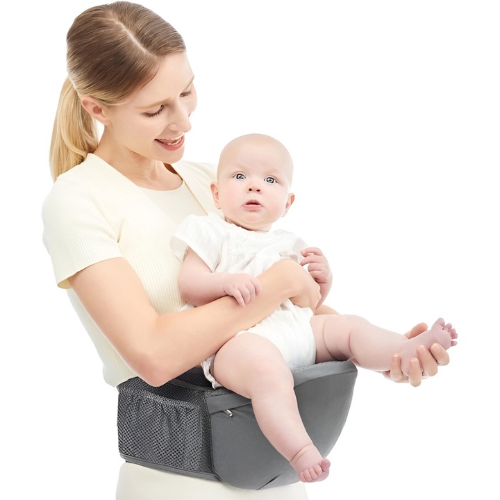 Ergonomikus 3 az 1-ben babahordozó, övtípus üléssel, Commando Kids, Babáknak és gyerekeknek, 0-24 hónapos, Állítható váll- és derékpántokkal, Tárolóhellyel, 125 x 25 x 14 cm, Szürke