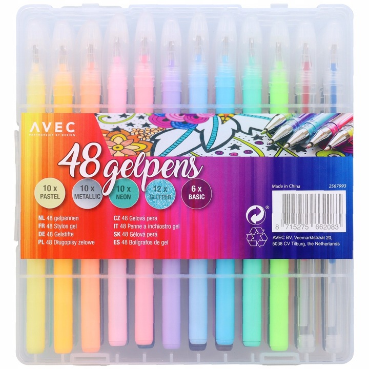 Set de 48 de pixuri cu gel multicolore, Avec, culori pastelate, metalice, neon, cutie de depozitare
