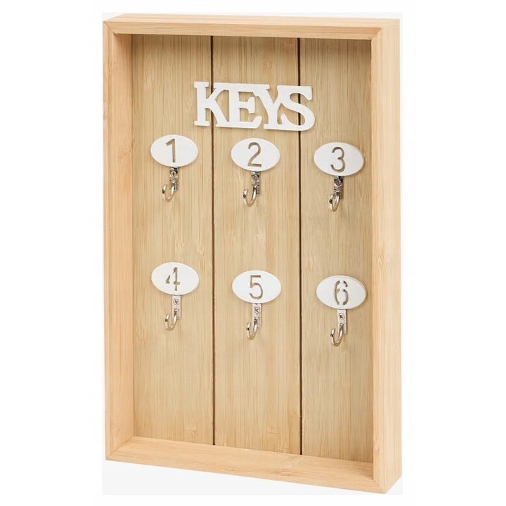 Suport pentru chei, CARDSPLITTER, deschisa, 6 carlige, lemn natural, 30x20x3,7cm