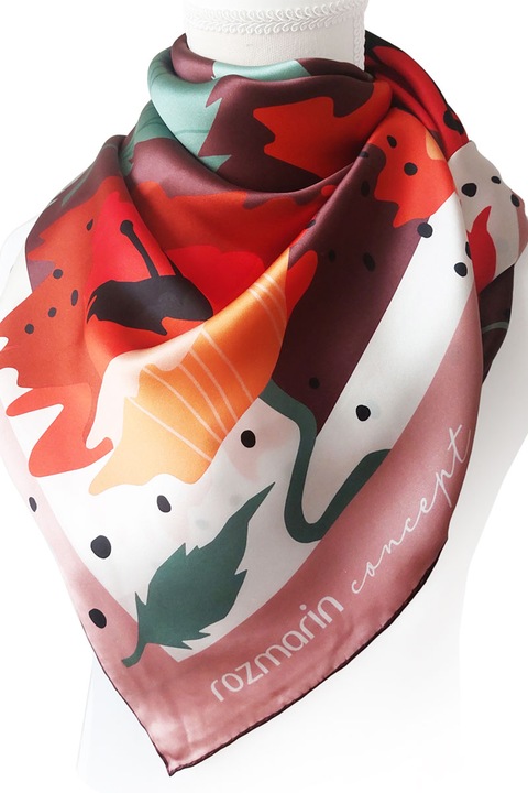 ROZMARIN CONCEPT, Esarfa din matase cu model grafic floral, Rosu, Maro