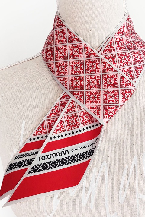 ROZMARIN CONCEPT, Esarfa din matase cu model etnic, Rosu, Alb
