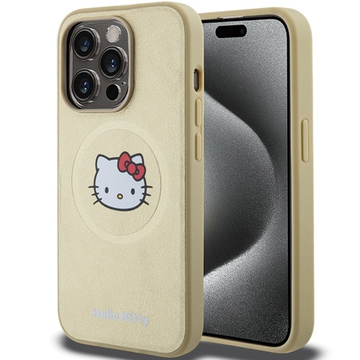 Hello Kitty tok Apple iPhone 15 Pro 6.1"-hez, kemény tok, Gold Kitty Head Magassafe bőr