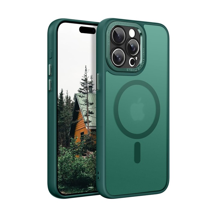 Husa pentru iPhone 15 Pro Max DaDen® Frosted, Magsafe integrat, Calitate superioara, Antisoc, Protectie sporita, Fumuriu, Verde