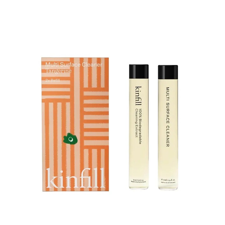 Rezerve solutie concentrata de curatare multisuprafete Kinfill, Tangerine, vegan, note mandarine, contine ingrediente biodegradabile, 2 x 12 ml