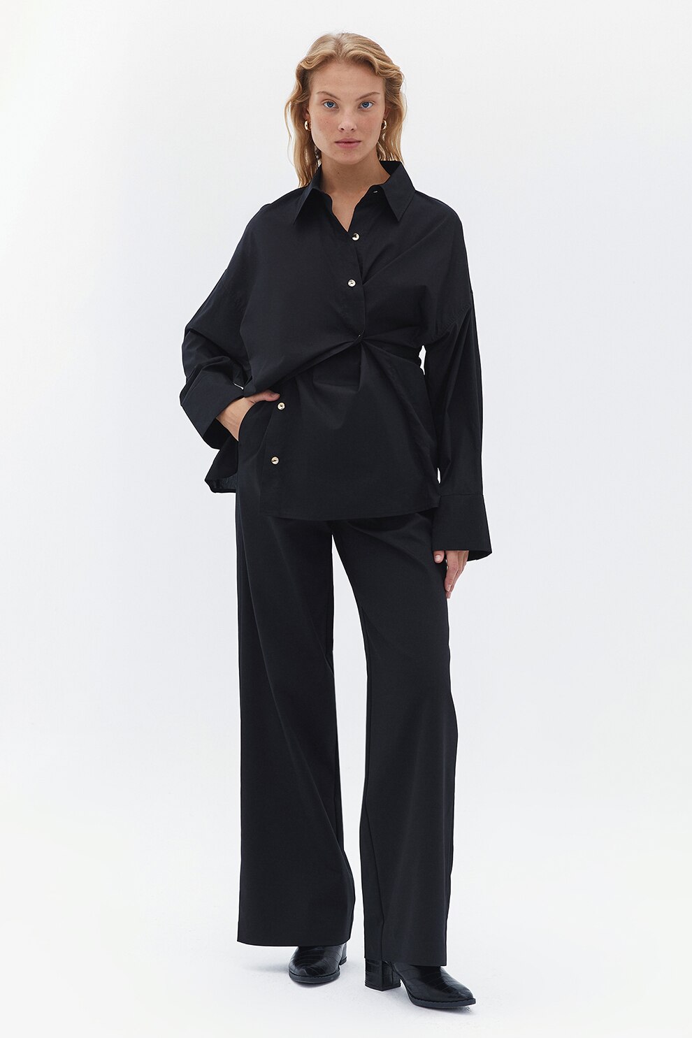 OXXO, Pantaloni cu talie inalta si buzunare oblice, Negru, 42