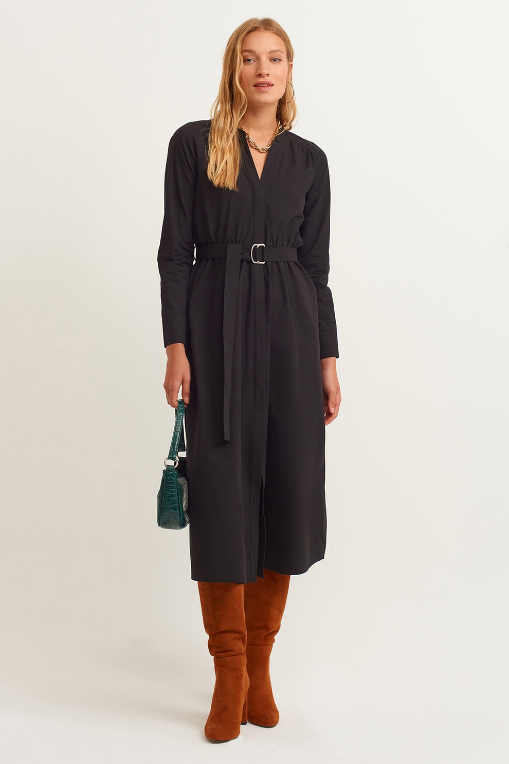 OXXO, Rochie midi cu o curea in talie, Negru, XS