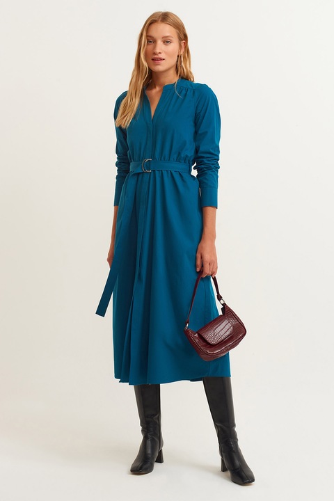 OXXO, Rochie midi cu o curea in talie, Albastru petrol
