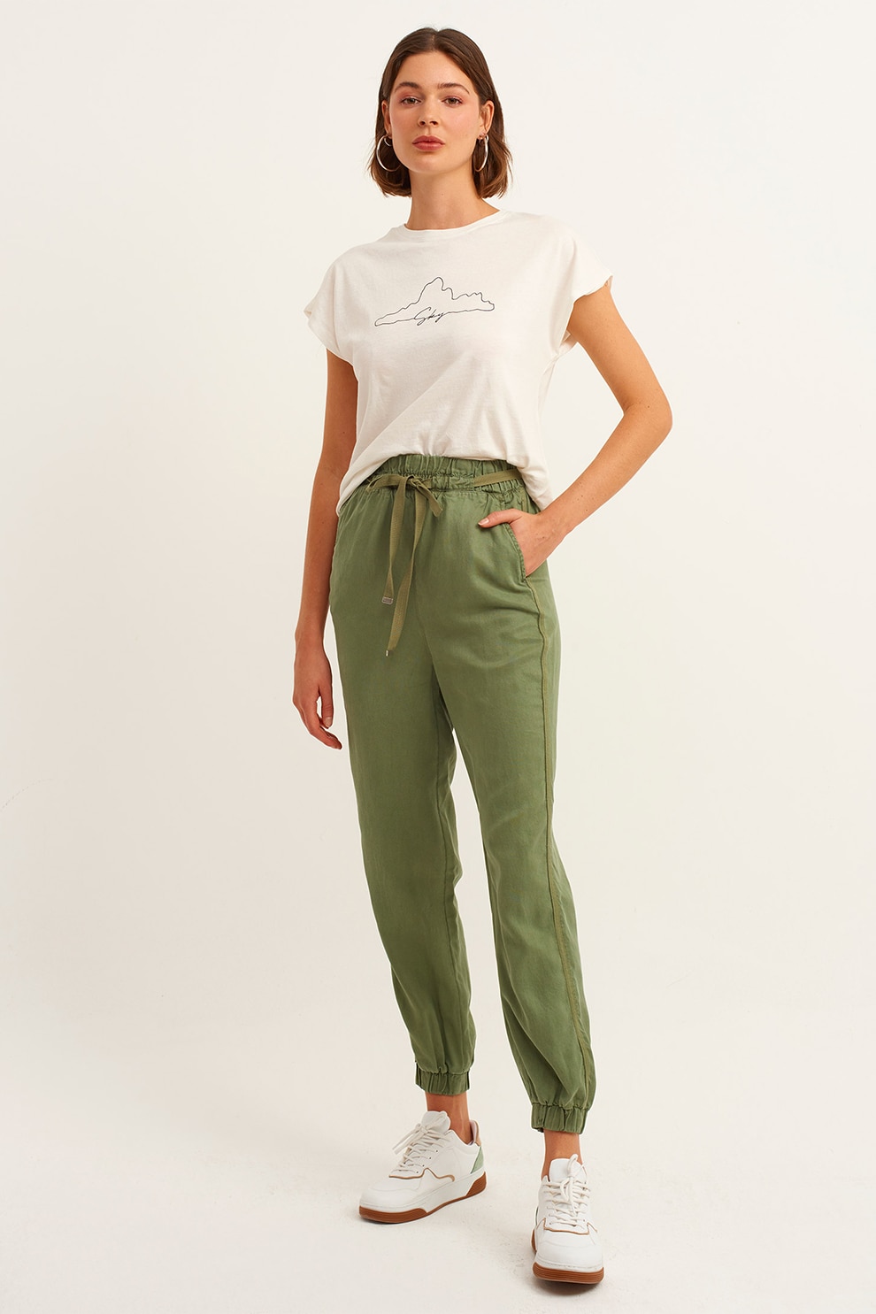 OXXO, Pantaloni conici din lyocell cu buzunare, Verde masliniu, 2XS
