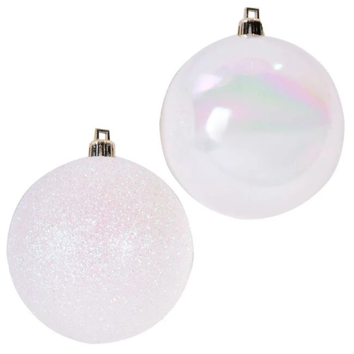 Set 12 globuri brad Craciun Antbro® albe stralucitoare si cu glitter, 5m
