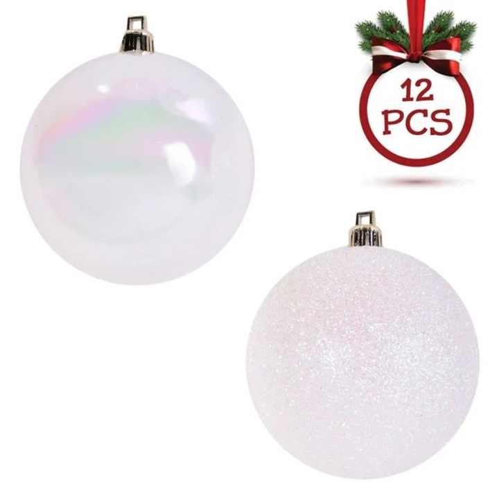Set 12 globuri brad Craciun Antbro® albe stralucitoare si cu glitter, 5m