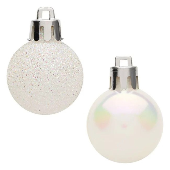Set 20 globuri brad Craciun Antbro® albe stralucitoare, irizate si cu glitter, 3cm