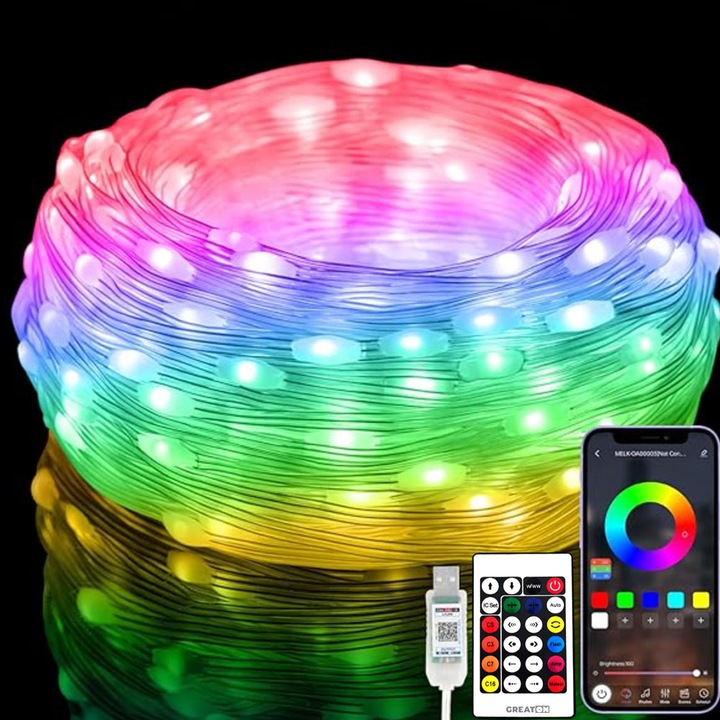Instalatie De Craciun Smart GREATON, Conexiune Bluetooth Aplicatie Telefon Mobil, USB, 110 LED-uri, Control Intensitate Luminoasa, Jocuri De Lumini Si Efecte, Culori, Telecomanda inclusa, 10 Metri, RGB, Multicolora