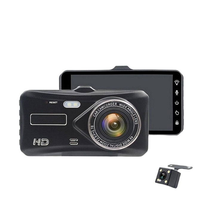 Camera auto DVR, Dual Lens HD 1080p, dubla inregistrare fata si spate, camera de rezerva, ecran de 4 inch, inregistrare in bucla, detectarea miscarii, durabil