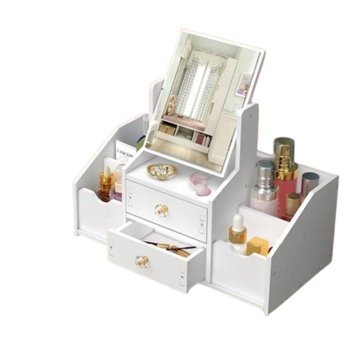 Органайзер за козметика, много голямо двойно отделение, грим с чекмеджета, плот за баня за козметика, с квадратно огледало, 40x20x34 см, бял, 0175