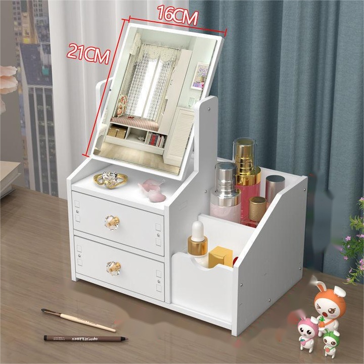 Organizator de blat pentru cosmetice, De Machiaj Cu Sertare, De Blat De Baie Pentru Cosmetice, cu oglinda patrata, 28.5x20x15.5cm, alb, 0178