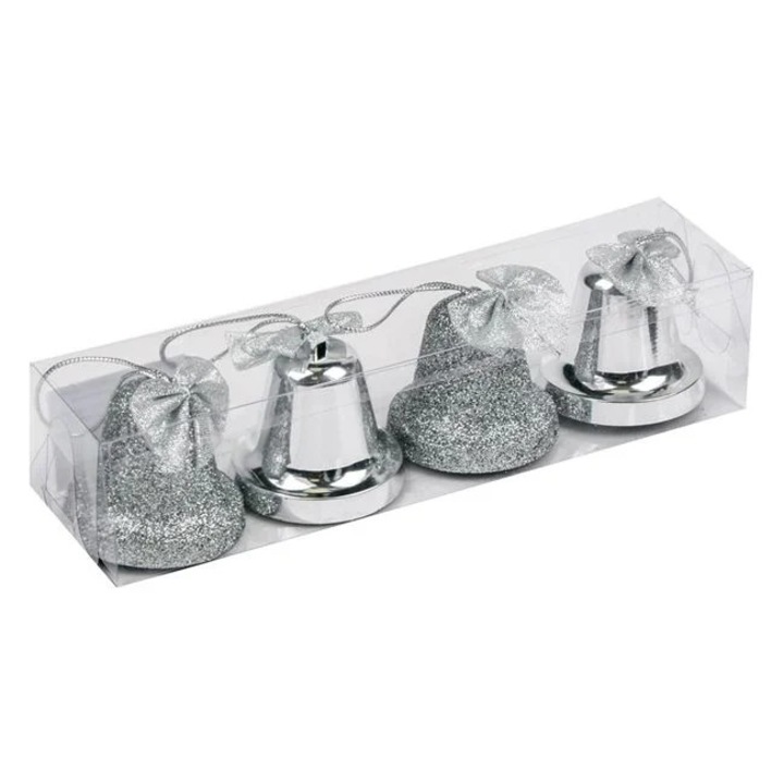 Set 4 ornamente brad Craciun Antbro® clopote argintii stralucitoare, cu glitter si funda, 6cm