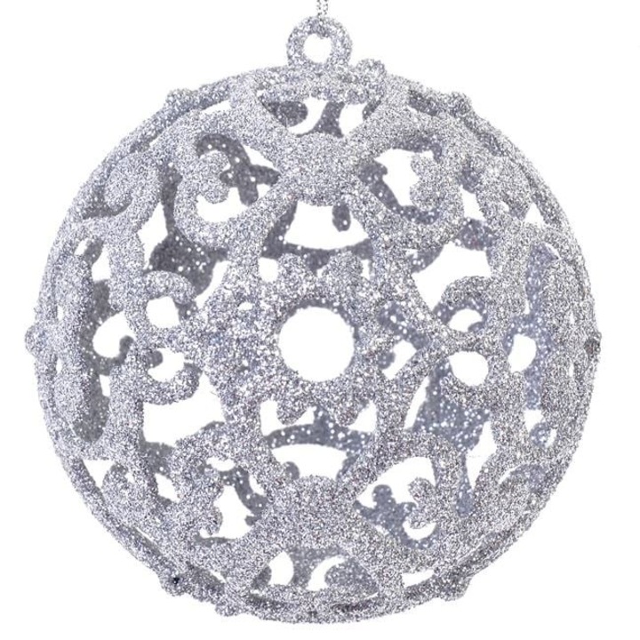 Set 6 globuri brad Craciun Antbro® perforate argintii cu glitter, 8cm