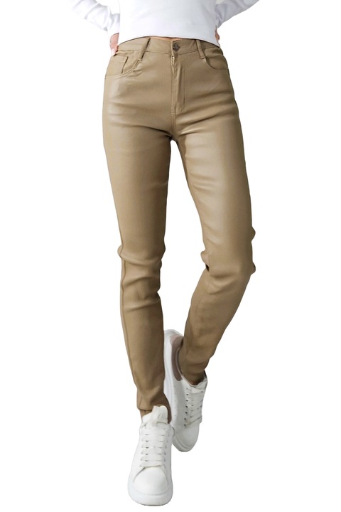 Pantaloni Dallas, din piele ecologica, cu talie inalta si push-up, Bej