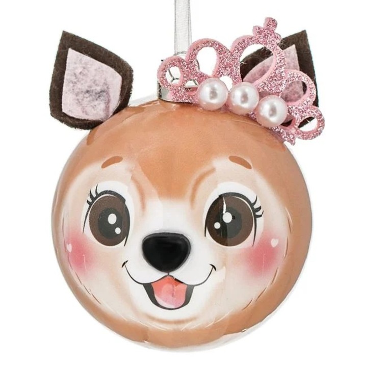 Ornament brad de Craciun Antbro® glob 3D cu model caine cu coroana cu glitter roz si perle albe, 6.5cm