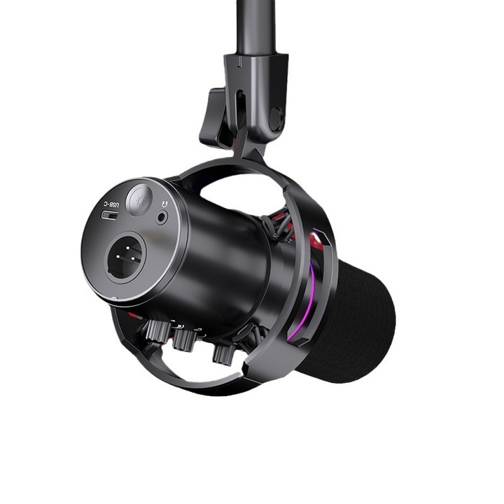 Компютърен микрофон, XLR връзка, 48V запис на звукова карта, служи и като устройство за пеене, USB порт, игри на живо, филтриране на шума, бърза реакция, чисто качество на звука, чаши за уши от пяна, черни