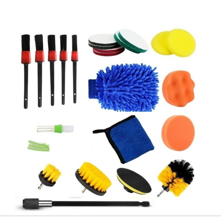 Set 24 Piese Detailing Auto Pentru Curatare Interior si Exterior, Pensula detaliu, Burete aplicator, Laveta microfibra, Perie aer conditionat, Manusa microfibra, Miromoto®