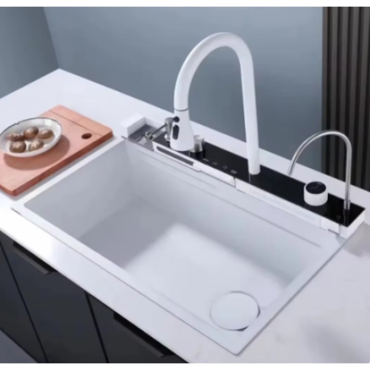 Chiuveta Multifunctionala pentru Bucatarie K11, Toate Accesoriile incluse, Dus Extractabil, Tocator Lemn, Material Antiaderent, Afisaj LCD pentru Temperatura Apei, Doua Functii Cascada, Culoare Alb