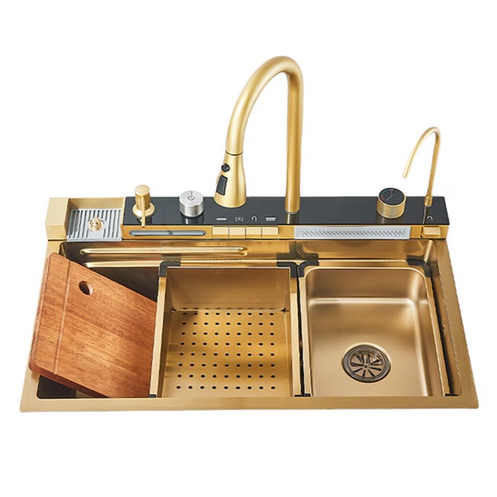 Chiuveta Multifunctionala pentru Bucatarie K11, Toate Accesoriile incluse, Dus Extractabil, Tocator Lemn, Material Antiaderent, Afisaj LCD pentru Temperatura Apei, Doua Functii Cascada, Culoare Auriu