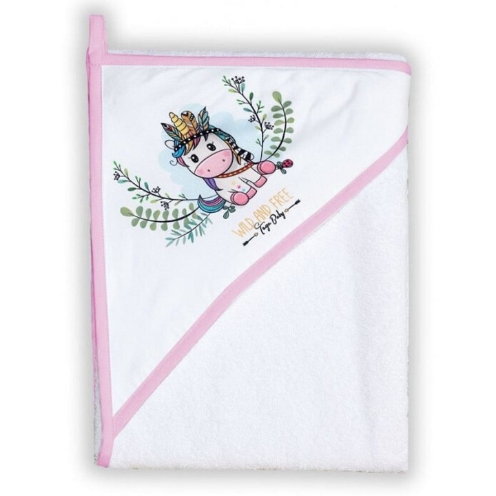 Prosop de baie cu gluga, Tega baby, 100x100cm, 100% bumbac, Unicorn, alb/roz