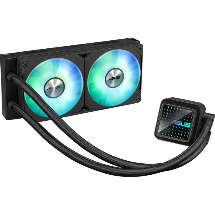 Processzorhűtő ASUS PRIME LC 240 ARGB BLACK, radiátor mérete 277mm, 2 ARGB ventilátor, Ventilátor fordulatszám 2200 RPM +/- 10%, AMD támogatás: AM4, AM5, INTEL támogatás: LGA 1851/115x/1200/1700, Légáramlás: 75M., Ventilátor zajszint: 37,6 dBA