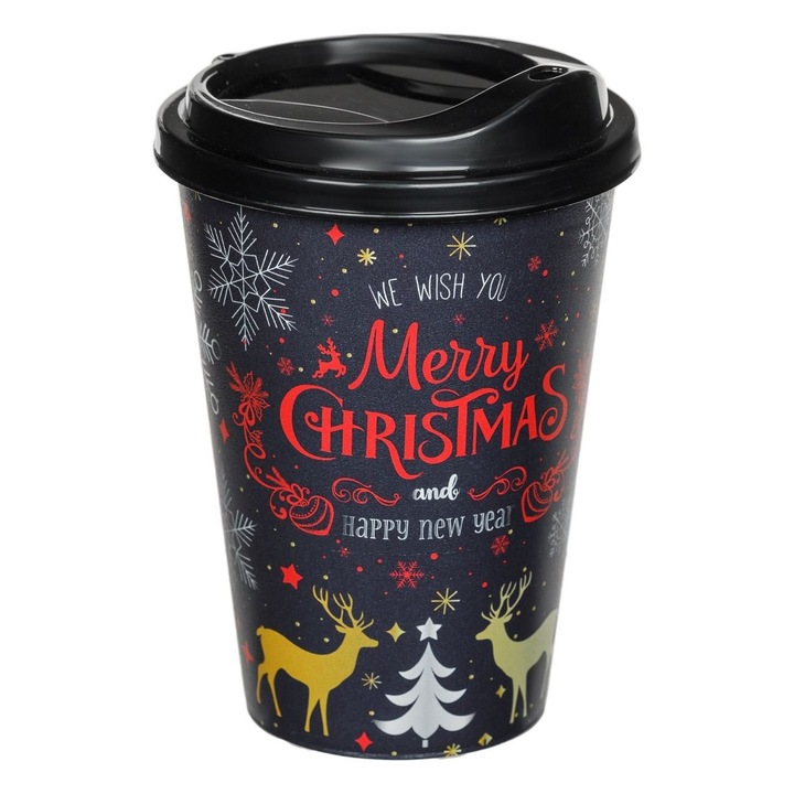 Fekete műanyag karácsonyi pohár hópelyhekkel, rénszarvasokkal, Merry Christmas felirattal 500ml