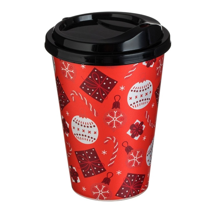 Piros műanyag karácsonyi pohár, díszek, ajándékok, fekete kupak, 500 ml