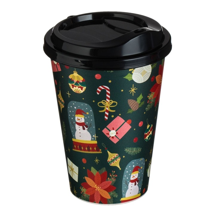 Shopiens Zöld karácsonyi műanyag pohár, karácsonyi díszek, ajándékok, karácsonyi virágok, fekete kupak, 500ml