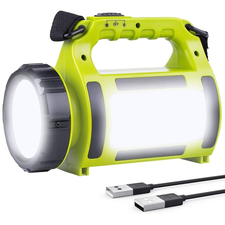 Акумулаторен LED фенер Elindor®, 650LM, многофункционален, подходящ за къмпинг и извънредни ситуации, водоустойчив, с 2000mAh батерия, регулируема яркост, регулируема каишка, USB порт за зареждане на устройства, зелен