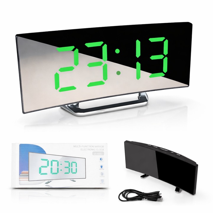 Ceas multifunctional cu LED stil oglinda Macvi®, model ecran LED curbat, afisare temperatura, incarcare USB sau Baterii,17 x 7,2 x 3,1 cm, Negru/Verde