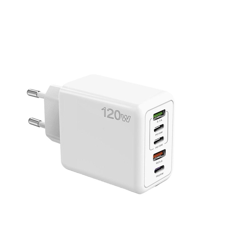 Incarcator de retea, 5 porturi, incarcare rapida 120 W, 3 x PD Type-C, 2 x USB, 3.1A, Universal Compatibil iPhone, Huawei, Samsung, Xiaomi, Alb