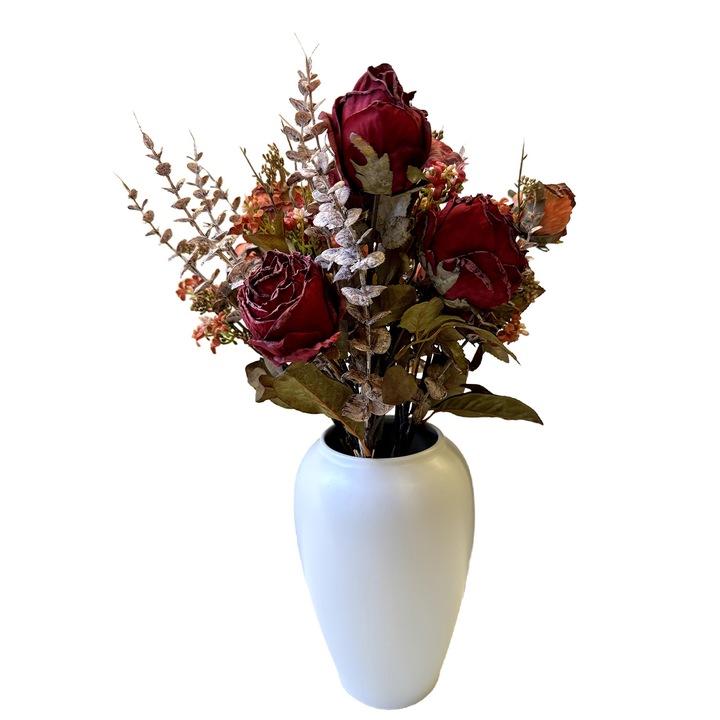 Set 3 buchete artificiale de trandafiri si eucalipt, plastic, 59cm