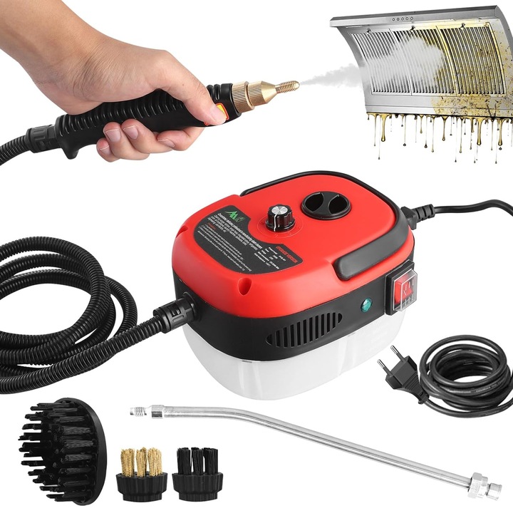 Aparat de curatat, Aparat cu abur pentru curatat, 1000ml, 2500W, incalzire 10S, Portabil si Puternic Degresare si Spalare Multisuprafete 4 accesorii incluse si 6 trepte de setare pentru abur, Plosnite de Pat, Tapiterii, Bucatarie, Rosu