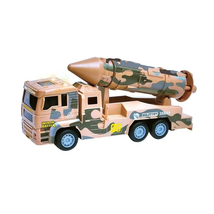 Jucarie interactive pentru copii, Camion militar lansator cu 6 roti, racheta, 29 cm, maro, dalimag